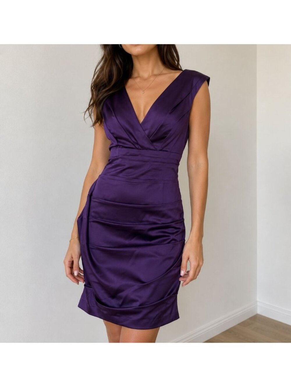 Calvin Klein Purple Satin Sleeveless Pleated Sheath Dress Ruched Sleeveless 12